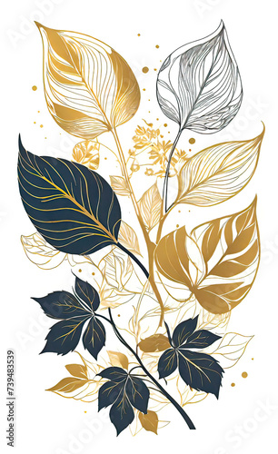 Vector illustration  elegant vintage Japanese leaves with patterns. Pattern of floral gold elements in vintage style for design  floral background and wallpaper 