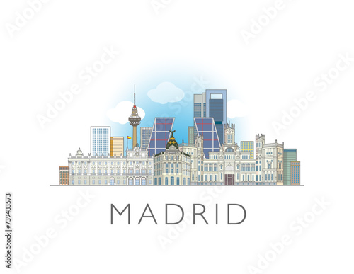 Madrid, Spain cityscape line art style vector illustration