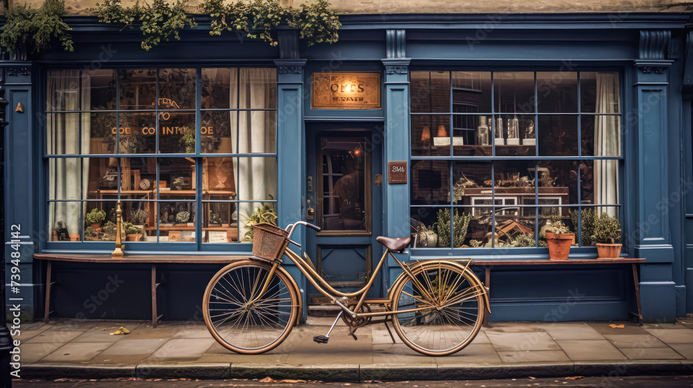 Naklejka premium At the entrance to a quaint cafe in Amsterdam, a bicycle rests, embodying the city's iconic charm and leisurely lifestyle amidst its vibrant streetscape.