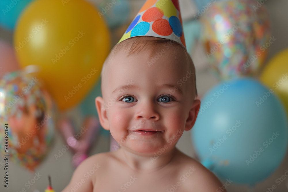 Obraz premium Baby child with balloons and a party hat