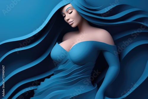 proud beautiful woman with long blue hair paper art