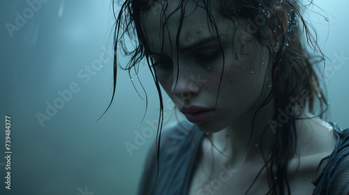 Close-up of a woman's face in the rain, looking sad