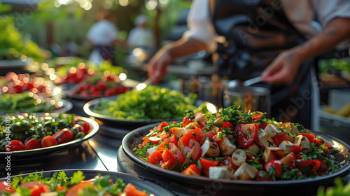 A chef prepares fresh salads at an outdoor catering event.