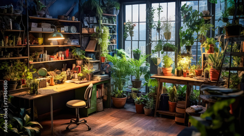 A cozy home workspace adorned with lush green plants, creating a serene and inspiring environment for productivity and creativity in the comfort of ones own home.