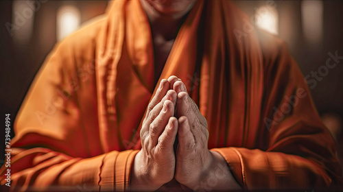 Hands of Tibetan monk praying. Created with AI.