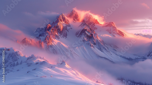 The beauty of green snowy peaks reflecting sunlight, purple-carpeted landscapes appearing in beautiful light and life art through long exposure photography.generative ai