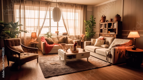 A warm and inviting living room adorned with lush green plants, creating a cozy and tranquil atmosphere perfect for relaxation and unwinding in the evening. © Людмила Мазур