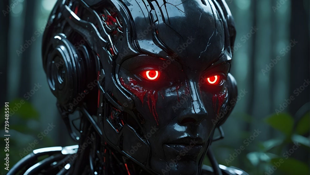 Unheimlicher Roboter mit rot leuchtenden Augen Unheimlicher Roboter mit rot leuchtenden Augen