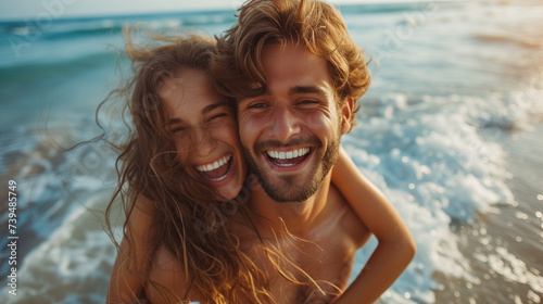 Happy young couple on the beach in the summer. Lifestyle candid portraits.