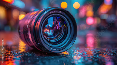 A camera lens captures the vibrant reflections of city lights on a wet surface at night.