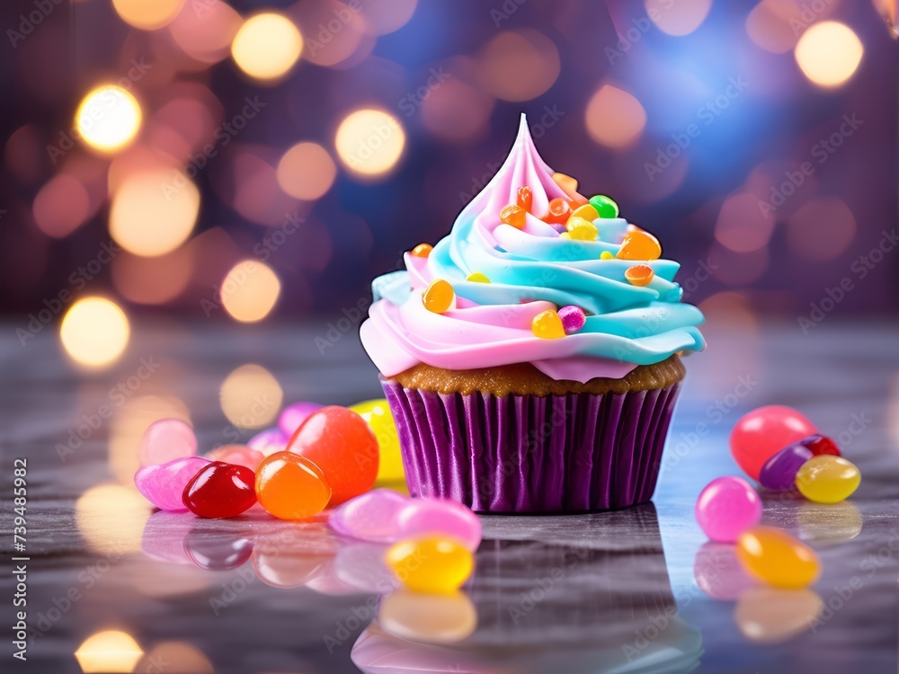 cupcake with jelly candies, birthday cupcakes decorated with color icing cookies, with background space for text cupcake with jelly candies, birthday cupcakes decorated with color icing cookies, with background space for text
