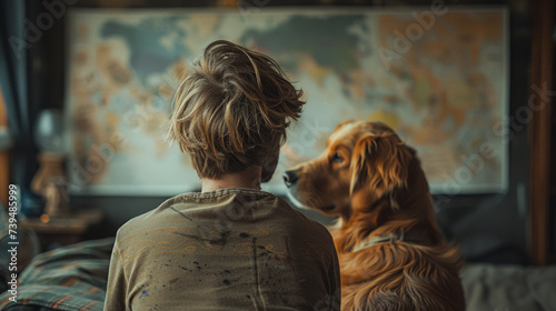 Boy and his dog looking at a wall full of children's doodles and paintings. Messy living room. Concept of children's creativity and mischief of kids and pets ,generative ai photo