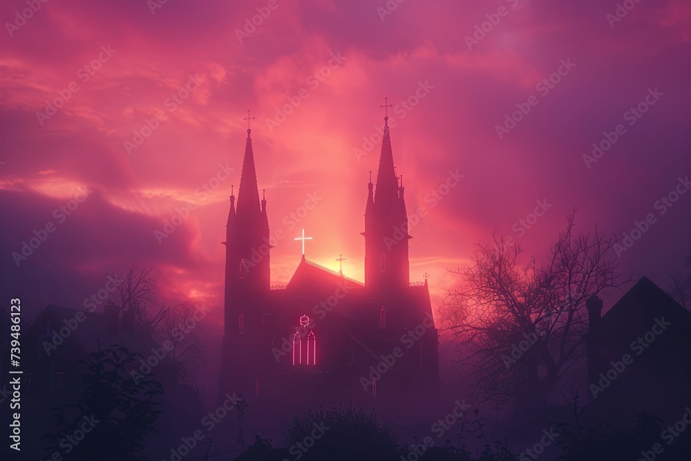 Serene Sunset Ash Wednesday Background with Church Steeples

