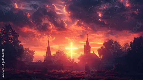 Fotografia Serene Sunset Ash Wednesday Background with Church Steeples
