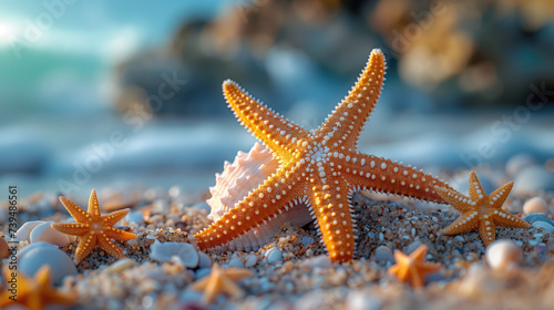 Starfish and seashells rest on the sandy beach with the glistening sea in the background.