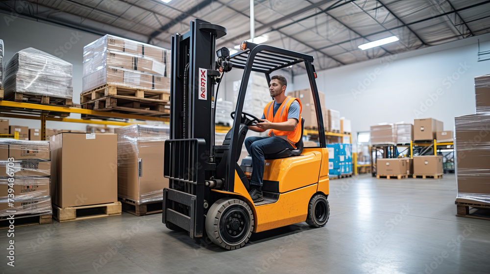 Man operating a forklift in a warehouse background