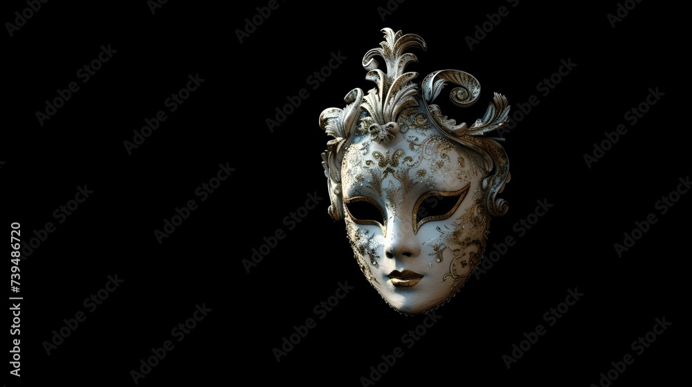 Naklejka premium Elegant venetian mask floating in darkness. mysterious and stylish. ideal for theatrical themes. perfect for carnival invitations. AI