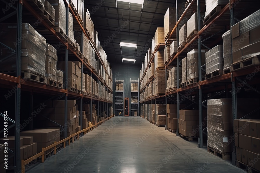 Huge distribution warehouse with high shelves. Bottom view.