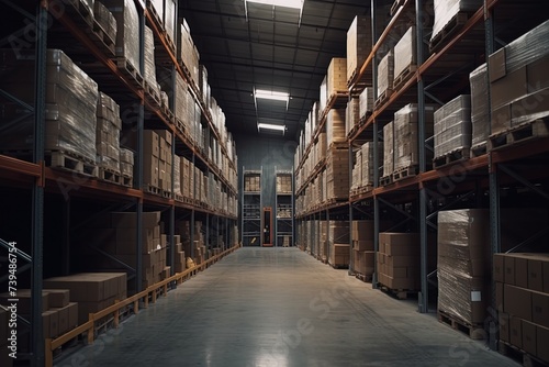 Huge distribution warehouse with high shelves. Bottom view.