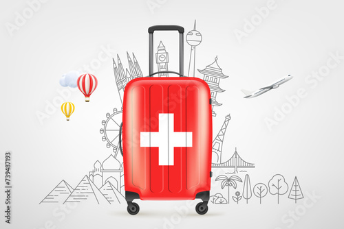 Plastic travel bag with flag of Switzerland and famous world sights. 3d vector concept