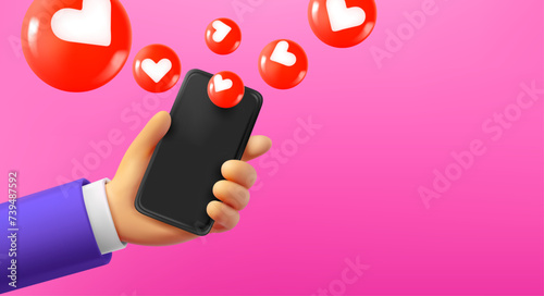 Man using social media mobile application on smartphone. Comic 3d vector banner with copy space