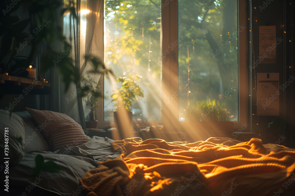 A bed in the morning sunlight by a large window A bed in the morning sunlight by a large window