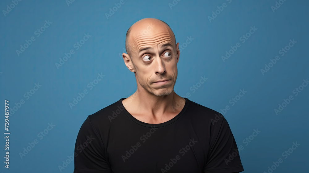 Obraz premium Portrait of a confused man wearing black t-shirt . Isolated on blue background