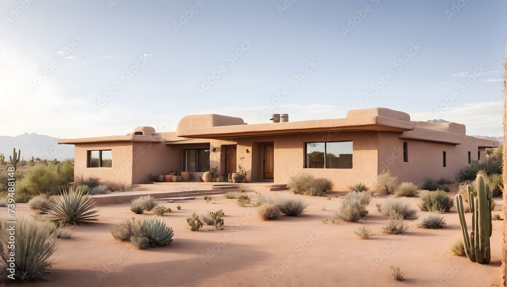 A desert home with adobe walls, flat roof, and desert landscaping. generative AI
