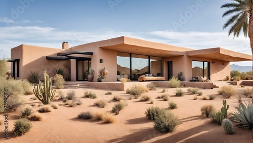 A desert home with adobe walls, flat roof, and desert landscaping. generative AI © Zohaib