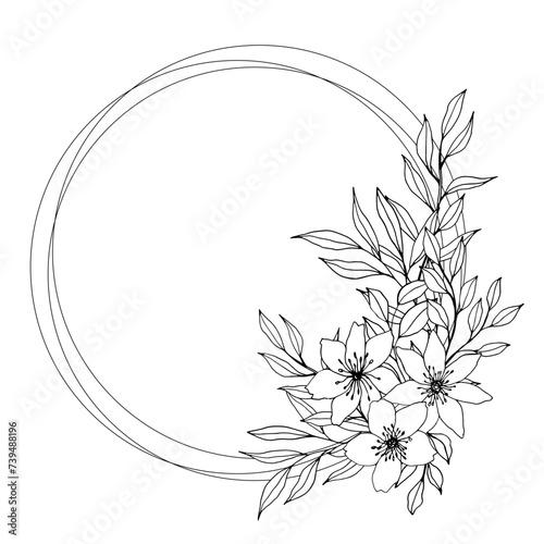 vector wreath with flower, leaves and branch. Elegant round frame with space for text. ink hand drawn monochrome botanical illustration for backgrounds. Template for wedding cards, polygraph, logo.