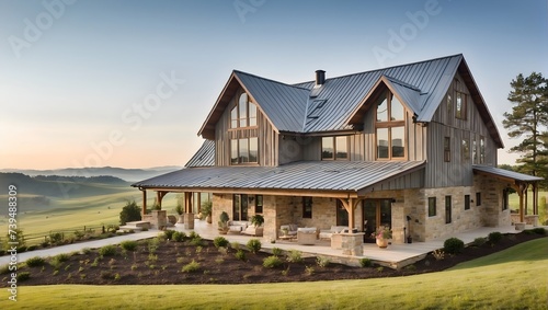 A farmhouse with metal roof, board-and-batten siding, and panoramic views. generative AI