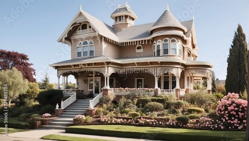 An elegant Victorian with gingerbread trim, wrap-around porch, and rose garden. generative AI