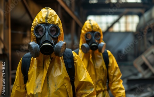 Two multiracial individuals wearing bright yellow hazmat suits and protective gas masks stand in a preparedness stance. They look directly at the viewer, their expressions unreadable behind the masks.