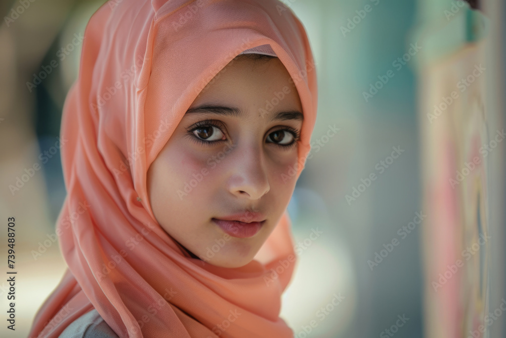 A young girl wearing a pink hijab A young girl wearing a pink hijab