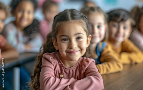 A diverse group of children are seated around a table in a classroom  engaged in learning activities. They are focused and attentive  interacting with each other and their surroundings.