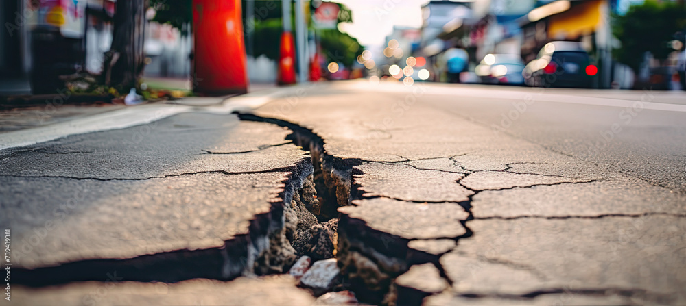 Road with a long crack in a city - obrazy, fototapety, plakaty 