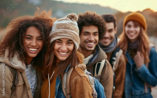 a diverse group of young individuals standing closely next to each other  displaying unity and camaraderie. The individuals are smiling and looking towards the camera  exuding a sense of friendship