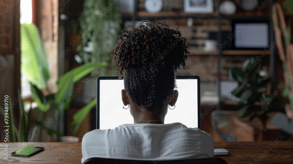 A woman is working on her laptop at a wooden desk with a smartphone beside her and a pile of letters, in a room with green plants and natural light. A woman is working on her laptop at a wooden desk with a smartphone beside her and a pile of letters, in a room with green plants and natural light.