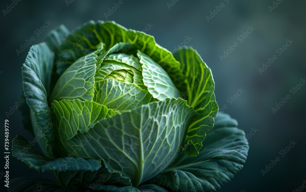 Fototapeta premium showcases a detailed close-up of a head of cabbage, highlighting its textured leaves and vibrant green color. The intricate patterns and natural beauty of the cabbage head are captured in this image.