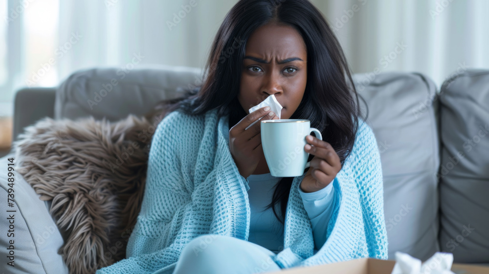 young woman wrapped in a blue knitted blanket, blowing her nose with a tissue and holding a white mug, looking unwell as if she has a cold or flu. young woman wrapped in a blue knitted blanket, blowing her nose with a tissue and holding a white mug, looking unwell as if she has a cold or flu.