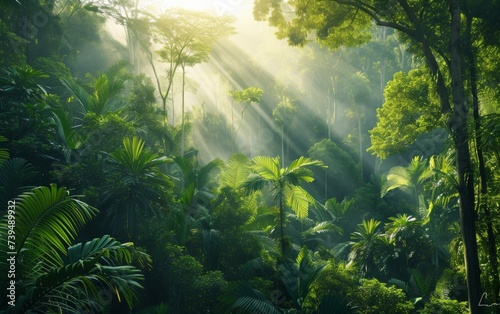 The suns rays filter through the dense canopy of trees in the jungle, casting a warm glow on the forest floor. The lush greenery and foliage create a natural spotlight effect as the sun beams down.