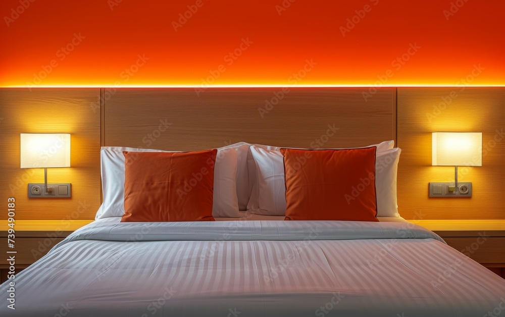 showing a bed with two lamps on either side of it, creating a symmetrical setup. The bed is neatly made with pillows and a cozy blanket, while the lamps provide soft lighting. showing a bed with two lamps on either side of it, creating a symmetrical setup. The bed is neatly made with pillows and a cozy blanket, while the lamps provide soft lighting.