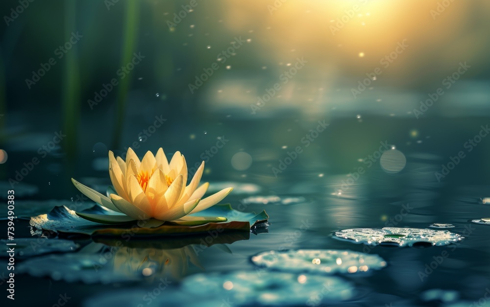 A bright yellow flower peacefully floats on the calm surface of a body of water, showcasing its vibrant color against the tranquil backdrop. The petals gently sway with the movement of the water