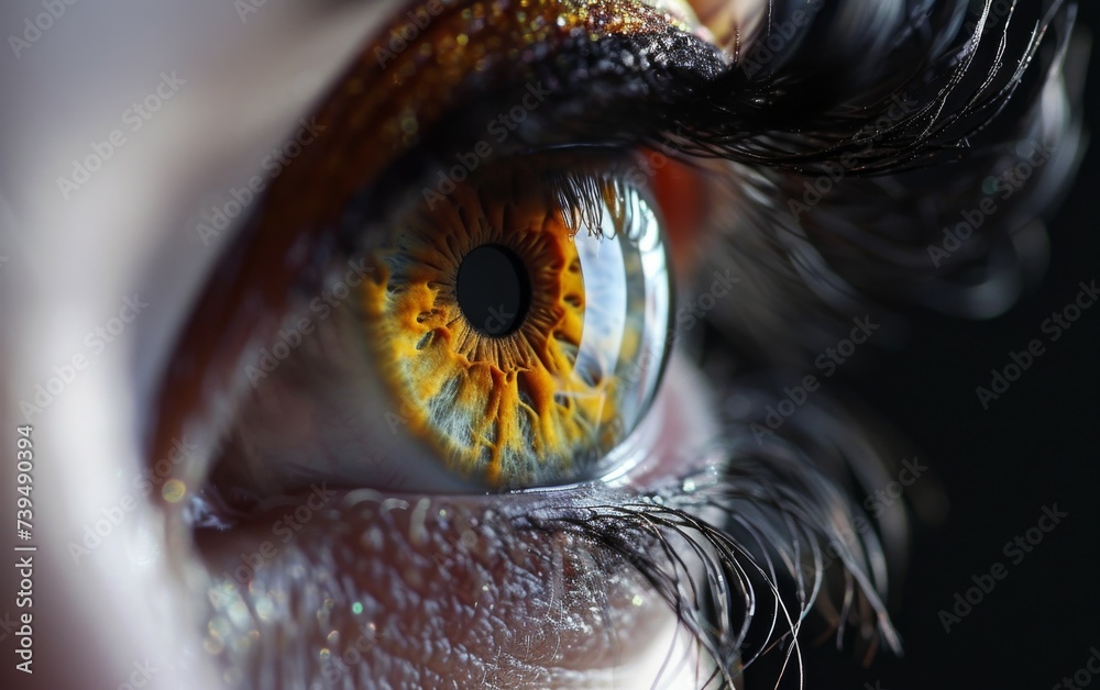 showcases the intricacies of a persons eye, specifically highlighting a striking yellow iris. The details of the iris are clear and vibrant, drawing the viewers attention to the unique color. - obrazy, fototapety, plakaty 