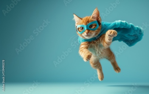 a cat in mid-air, donning a bright blue cape as it leaps through the sky. The felines powerful jump and the billowing cape create a dynamic and eye-catching scene.