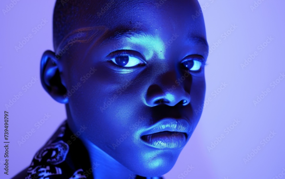 a young boy with a blue glow illuminating his face, creating a striking visual effect.