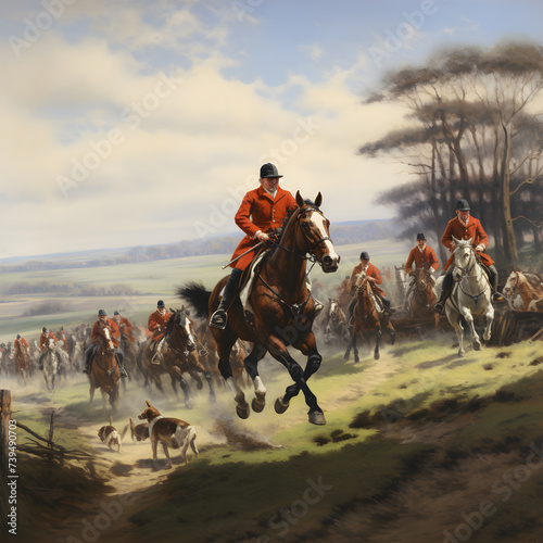 British Tradition in Full Thrust: Dramatic Capture of Fox Hunting - Riders, Horses and Hounds in Rural Countryside