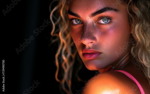 focusing on a multiracial woman with striking blue eyes. Her eyes are the center of attention, showcasing their unique color and beauty.