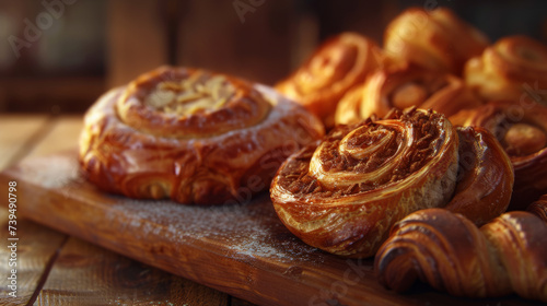 close-up view of a pastry with a raspberry swirl design, resting on a wooden surface