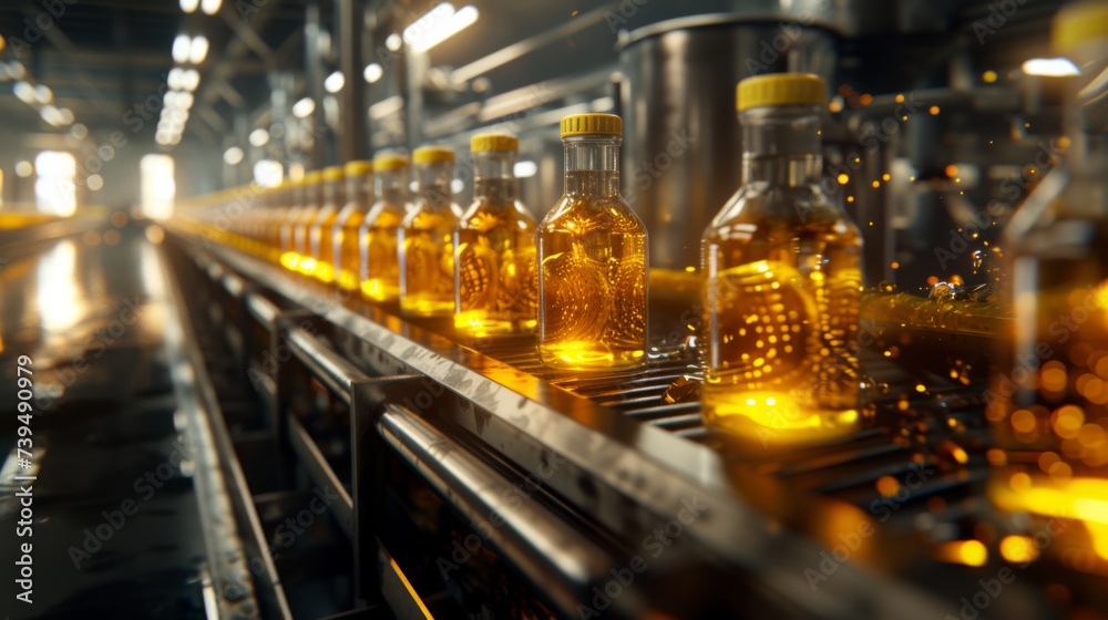 production line with a sequence of clear bottles filled with a yellow liquid, likely oil, with bright lights reflecting off the surfaces, indicating a modern manufacturing process. production line with a sequence of clear bottles filled with a yellow liquid, likely oil, with bright lights reflecting off the surfaces, indicating a modern manufacturing process.